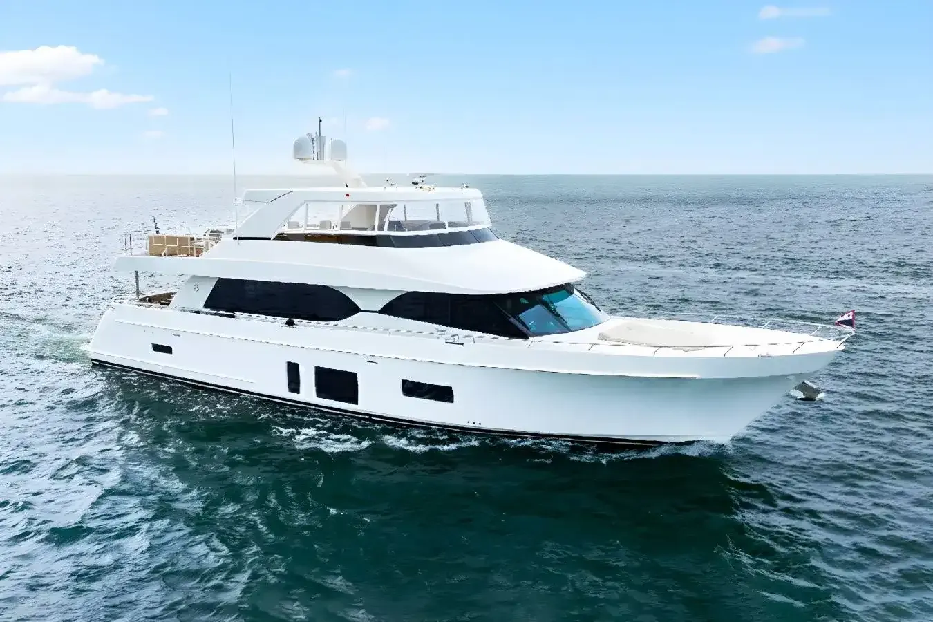 Catalyst yacht, a 85 ft Ocean Alexander luxury superyacht underway, 26.14 meters, built in 2018.