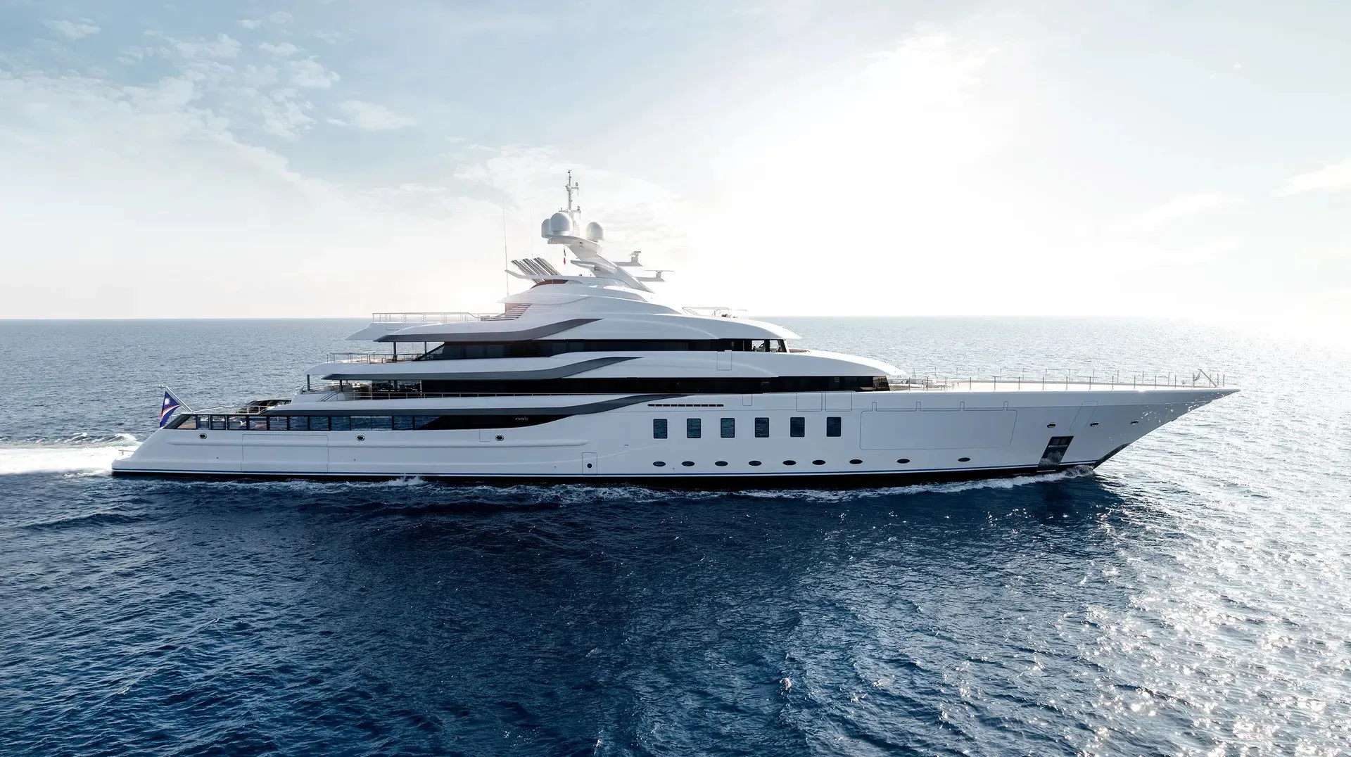 CC-Summer yacht, a 311 ft Lürssen luxury superyacht underway, 95 meters, built in 2019.