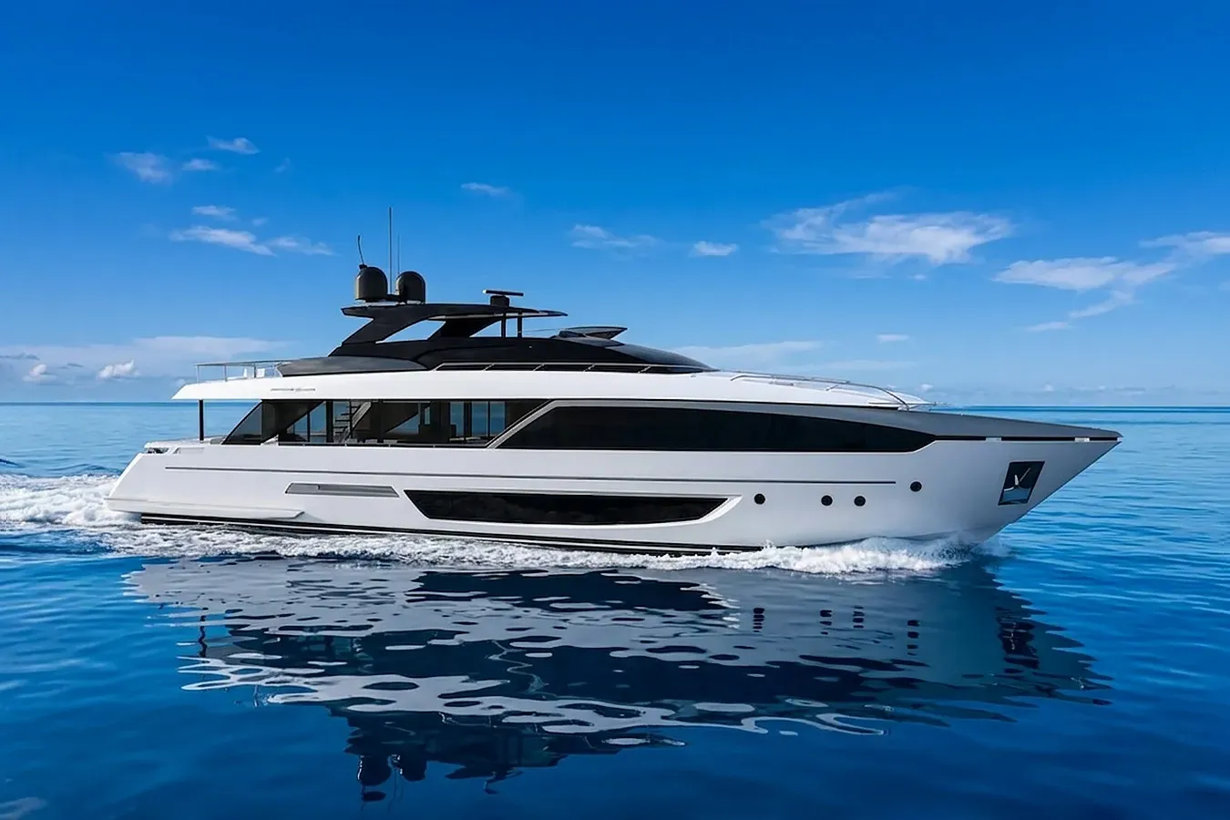Celestial yacht, a 110 ft Riva luxury superyacht underway, 33.53 meters, built in 2018.