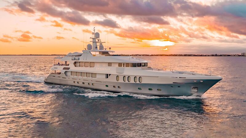 Chasseur yacht, a 164 ft Christensen luxury superyacht underway, 50 meters, built in 2016, 2022.