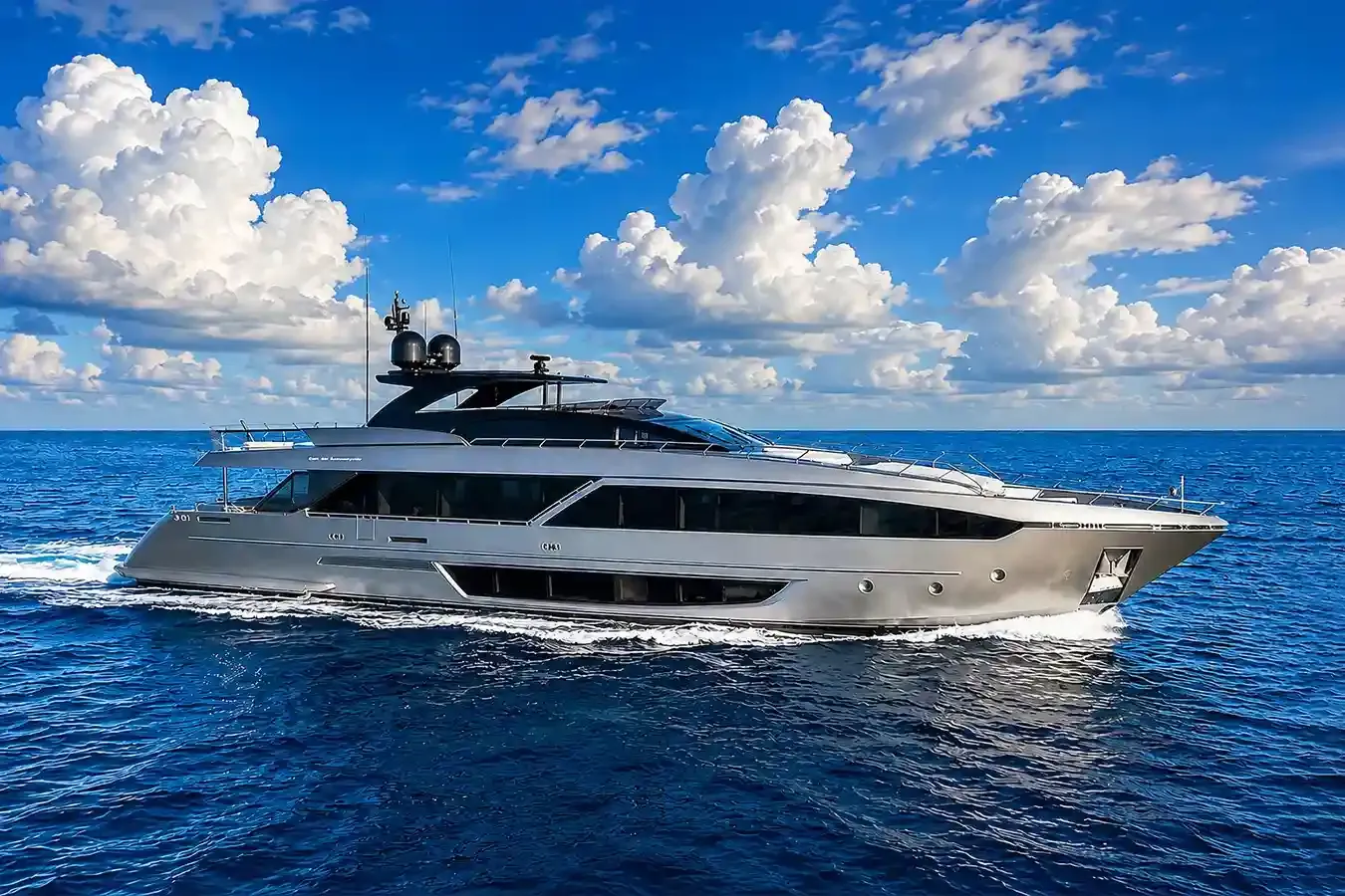 Chop Chop yacht, a 110 ft Riva luxury superyacht underway, 33.53 meters, built in 2022.