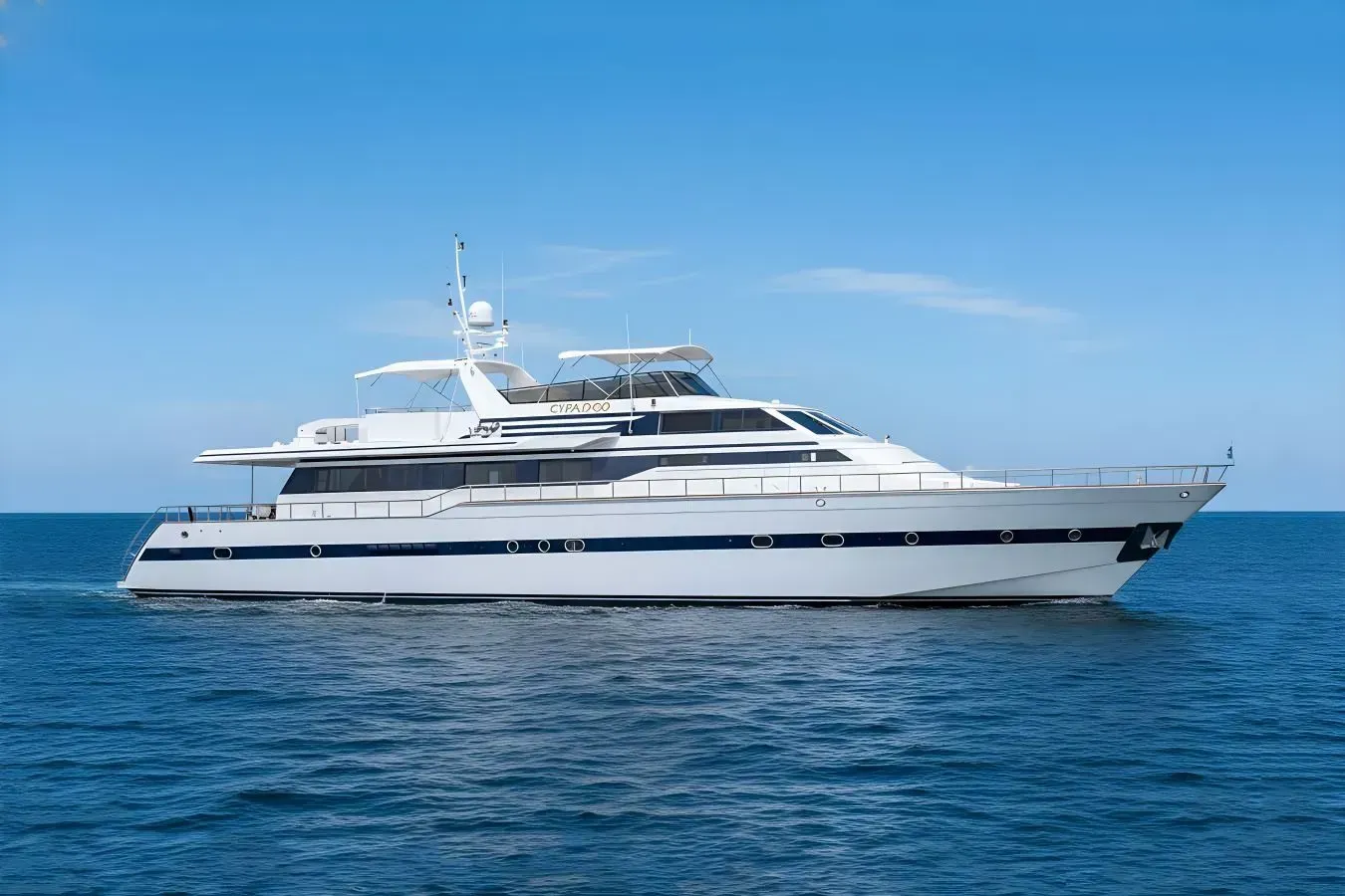 Cipango yacht, a 93 ft New Versilcraft srl luxury superyacht underway, 28.4 meters, built in 1992, 2000.