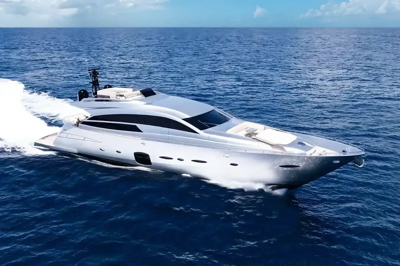Claims to Fame yacht, a 90 ft Pershing luxury superyacht underway, 27.43 meters, built in 2015.