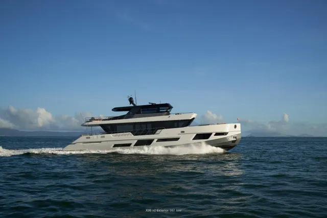CLX96/01 yacht, a 96 ft CL Yachts luxury superyacht underway, 29.5 meters, built in 2022.