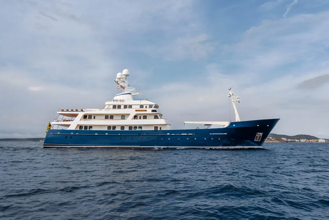 Cosmoledo yacht, a 209 ft Royal Denship A/S luxury superyacht underway, 63.71 meters, built in 2006, 2023.