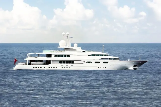 Dancing Hare yacht, a 189 ft Amels luxury superyacht underway, 57.7 meters, built in 1986, 2017.