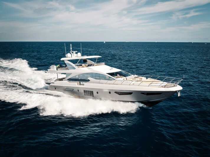 Deep Blue yacht, a 80 ft Azimut luxury superyacht underway, 24.38 meters, built in 2018.