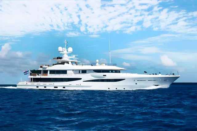 Driftwood yacht, a 180 ft Amels luxury superyacht underway, 55 meters, built in 2017.