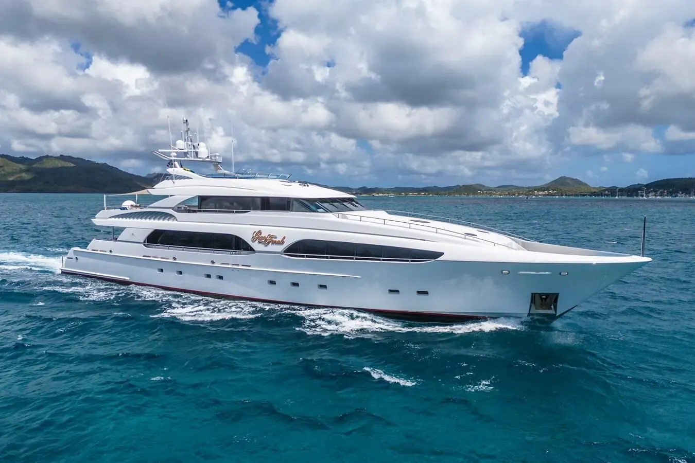 Driven yacht, a 147 ft Delta Marine luxury superyacht underway, 44.8 meters, built in 2002, 2018.