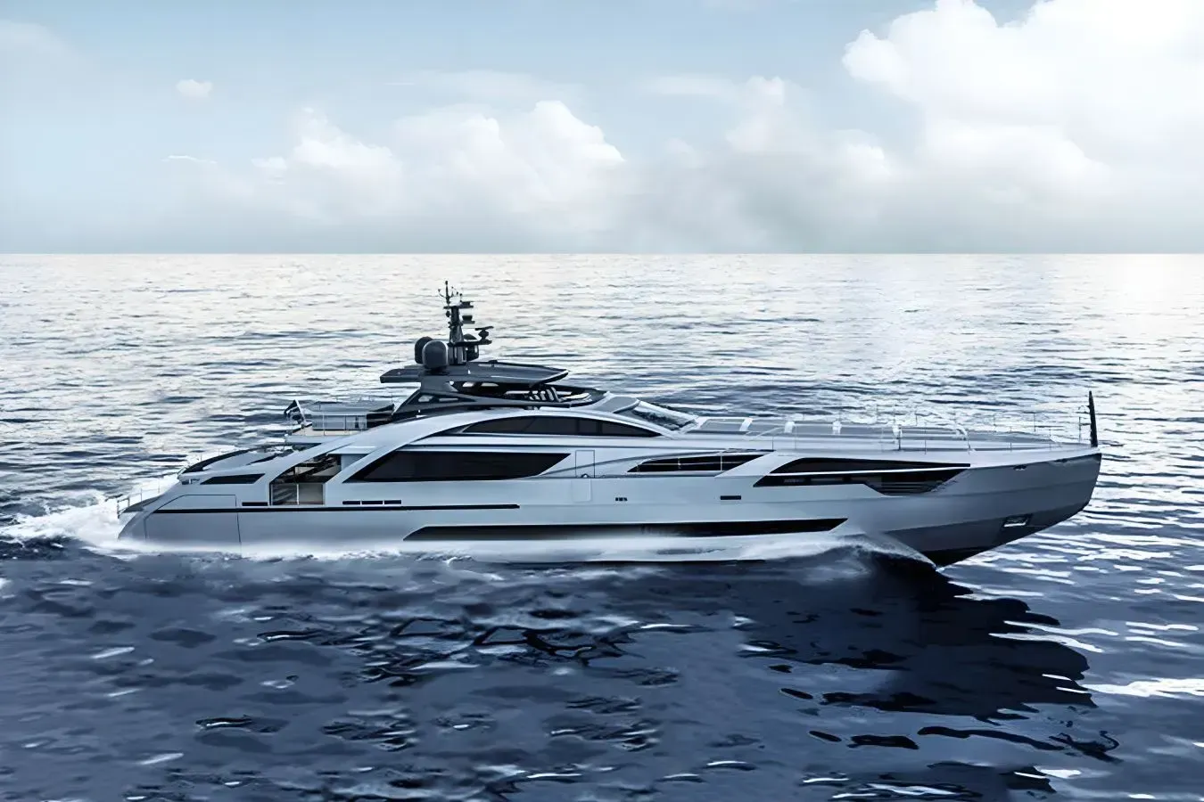 El Cazador yacht, a 141 ft Pershing luxury superyacht underway, 42.98 meters, built in 2019.