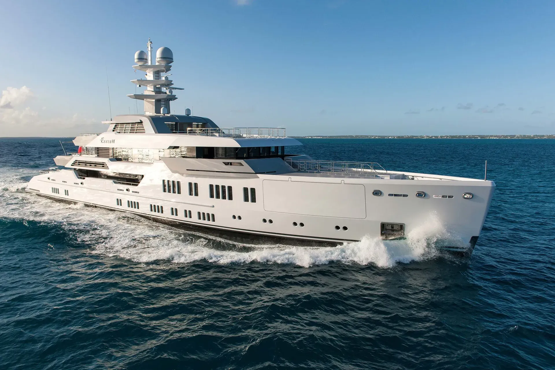 Elysian yacht, a 216 ft Lürssen luxury superyacht underway, 66 meters, built in 2014.