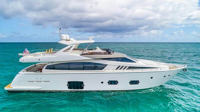 Evolution yacht, a 81 ft Ferretti luxury superyacht underway, 24.71 meters, built in 2012.