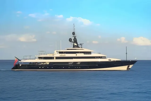 Falcon Lair yacht, a 220 ft Feadship luxury superyacht underway, 67.3 meters, built in 1983, 2015.