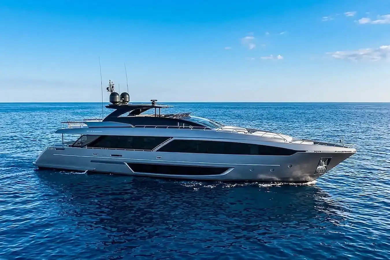 FAO yacht, a 110 ft Riva luxury superyacht underway, 33.53 meters, built in 2024.