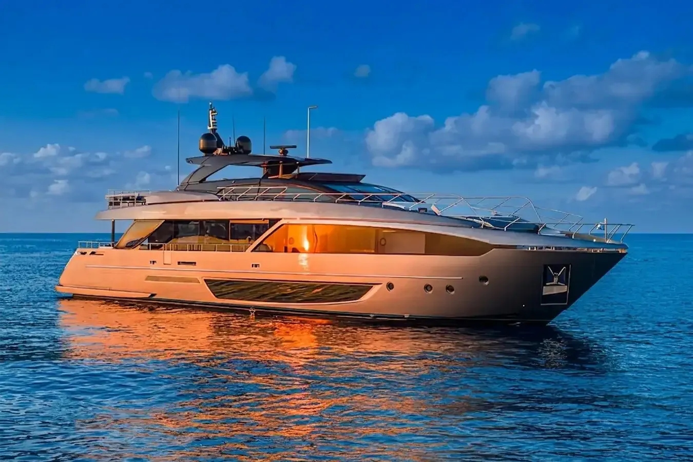 Figurati yacht, a 110 ft Riva luxury superyacht underway, 33.53 meters, built in 2021.