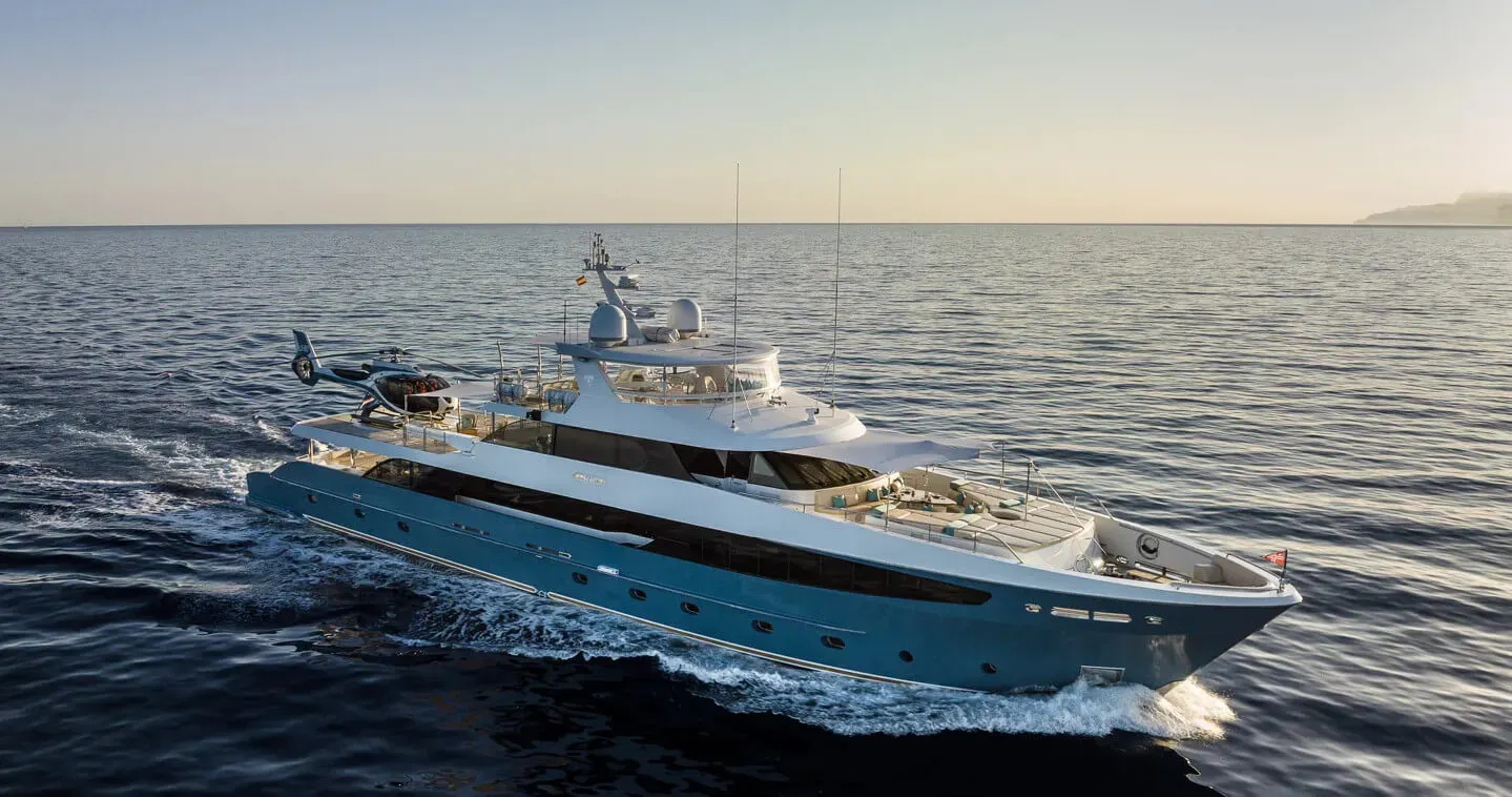 Flying Manta yacht, a 139 ft NQEA Yachts luxury superyacht underway, 42.6 meters, built in 2004, 2023.