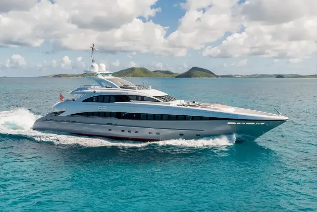 G3 yacht, a 144 ft Heesen luxury superyacht underway, 44 meters, built in 2008, 2017.