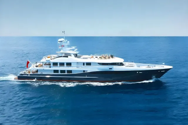 Gene Machine yacht, a 180 ft Amels luxury superyacht underway, 55 meters, built in 2013, 2019.