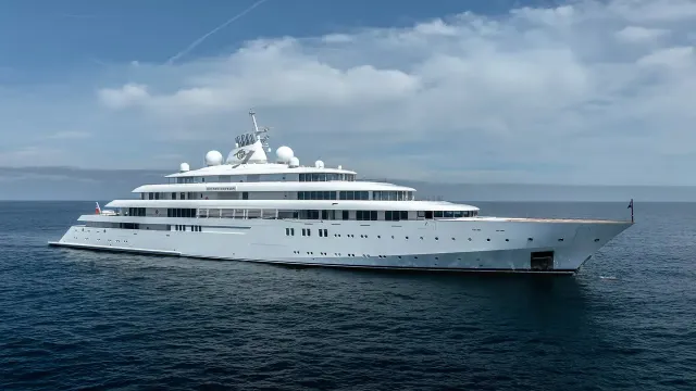 Golden Odyssey yacht, a 404 ft Lürssen luxury superyacht underway, 123.23 meters, built in 2015, 2023.
