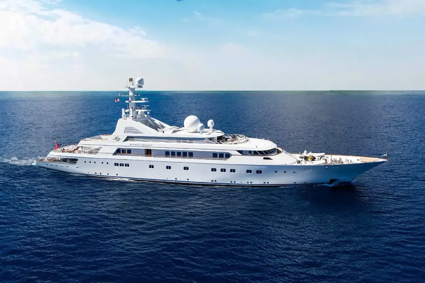 Grand Ocean yacht, a 278 ft Blohm & Voss luxury superyacht underway, 85 meters, built in 1990, 2019.