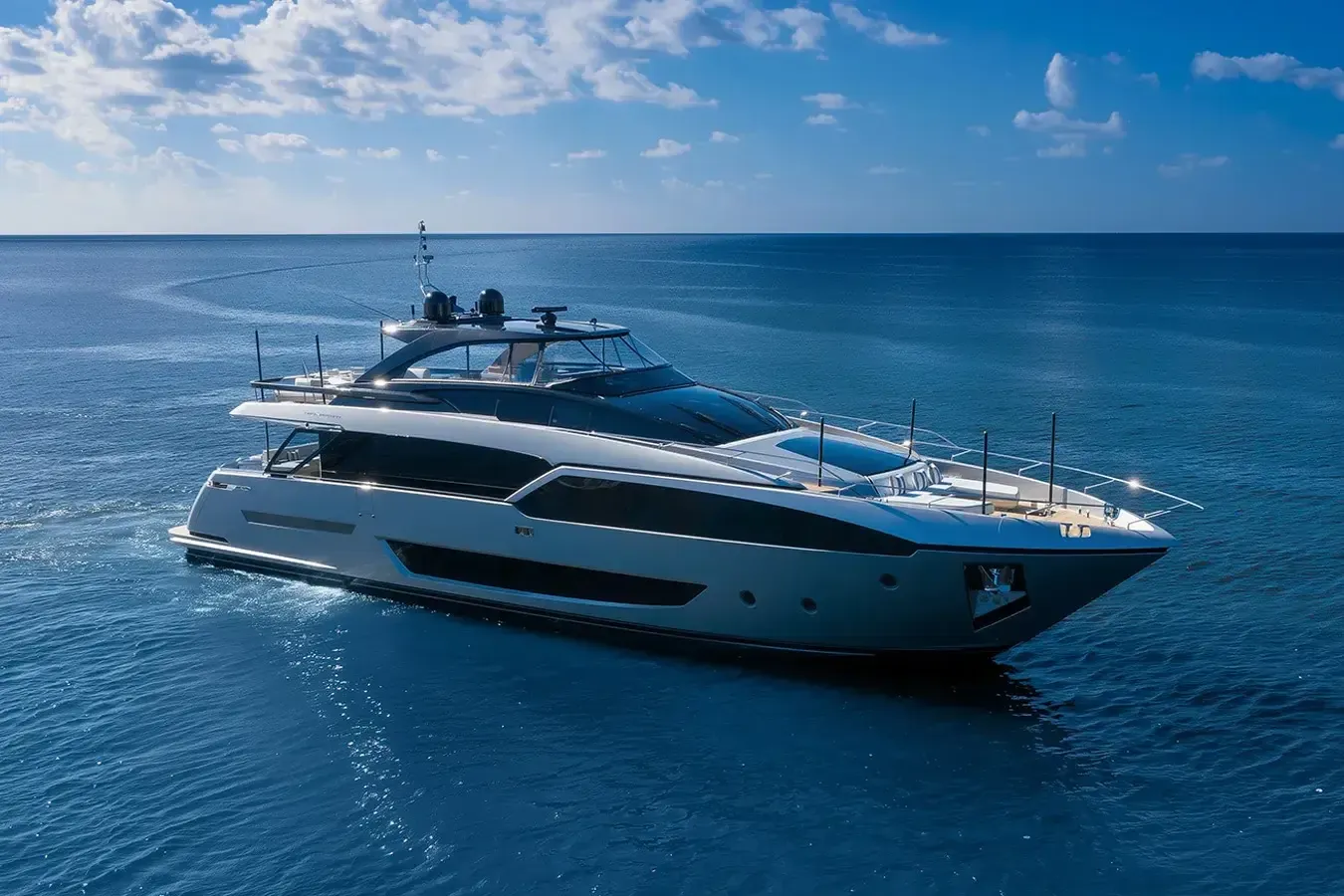 GraySky yacht, a 93 ft Riva luxury superyacht underway, 28.5 meters, built in 2024.