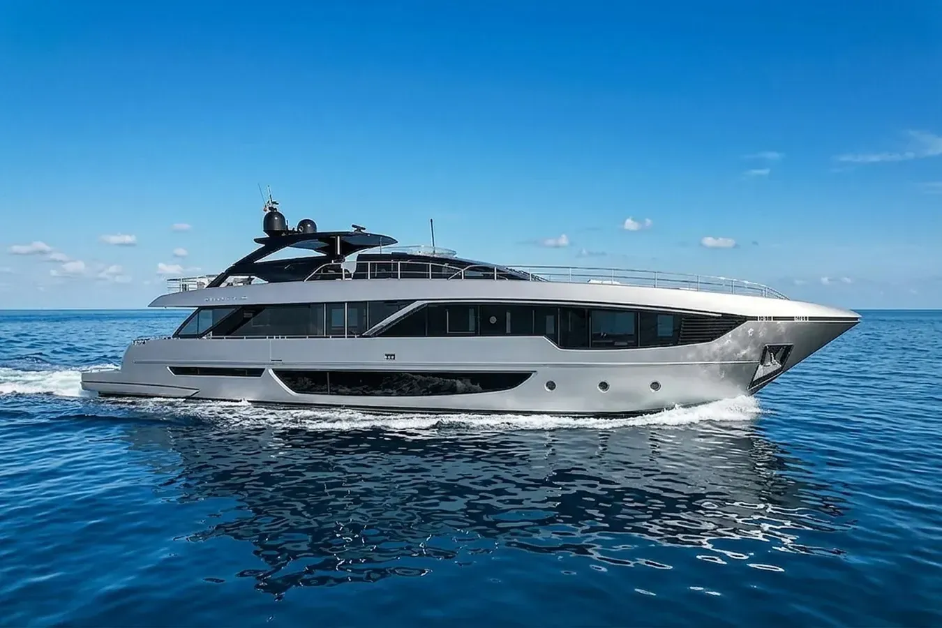 HK Rongsheng yacht, a 99 ft Riva luxury superyacht underway, 30.26 meters, built in 2024.