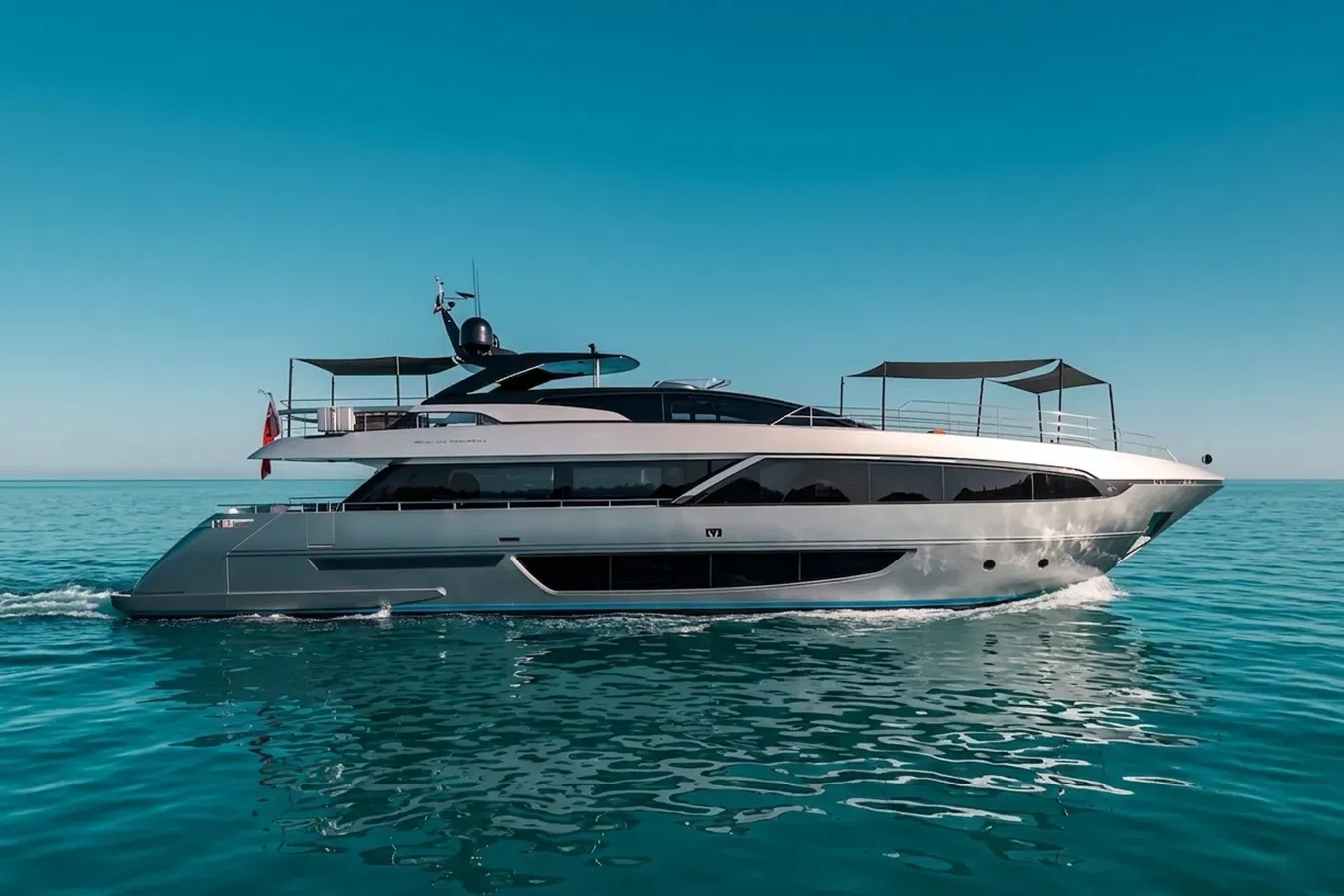 HP6 yacht, a 98 ft Riva luxury superyacht underway, 29.9 meters, built in 2021.