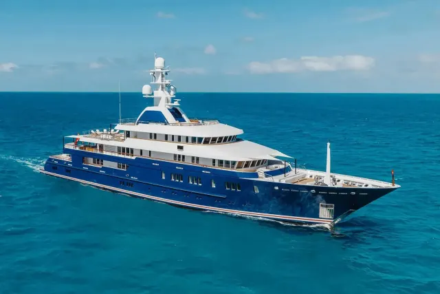 Huntress yacht, a 248 ft Lürssen luxury superyacht underway, 75.6 meters, built in 2009, 2022.
