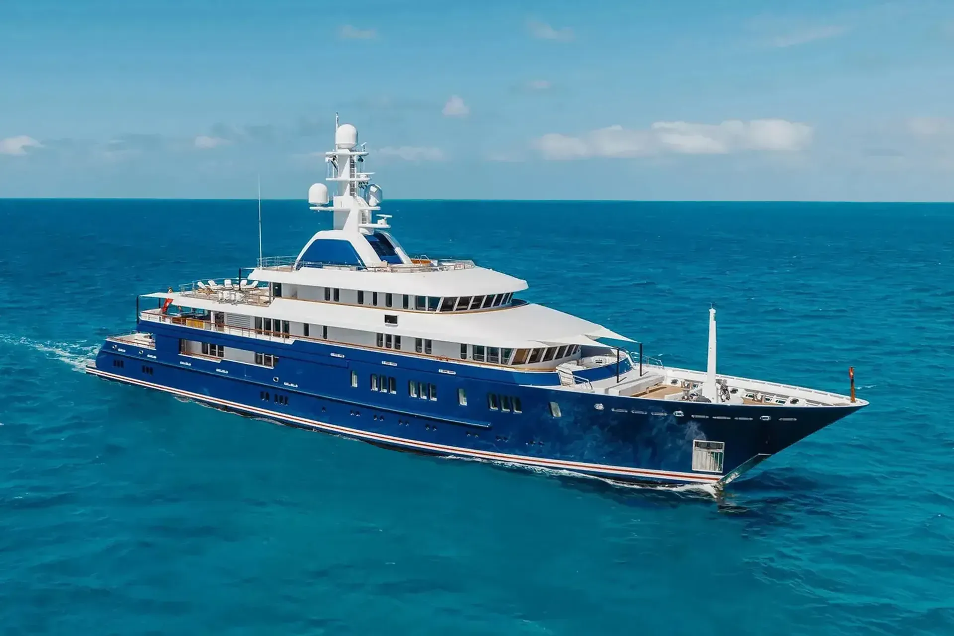 Huntress yacht, a 248 ft Lürssen luxury superyacht underway, 75.6 meters, built in 2009, 2022.