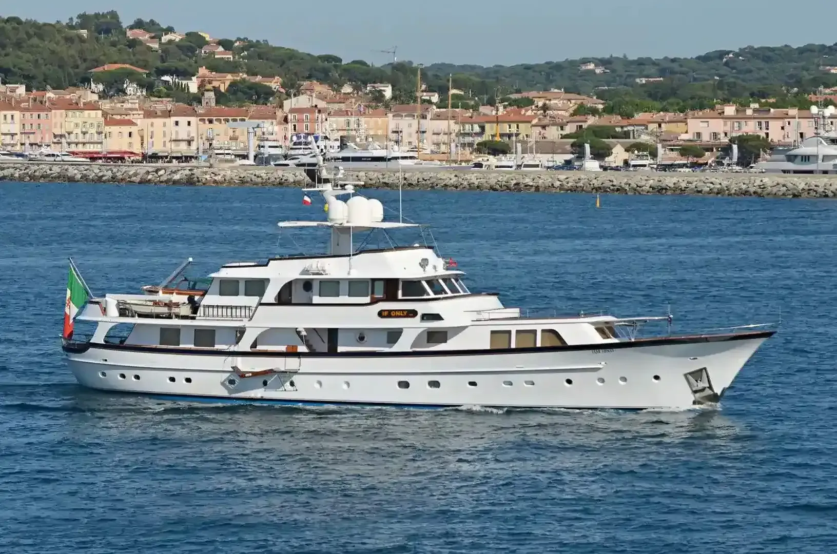If Only yacht, a 127 ft Feadship luxury superyacht underway, 39 meters, built in 1974.