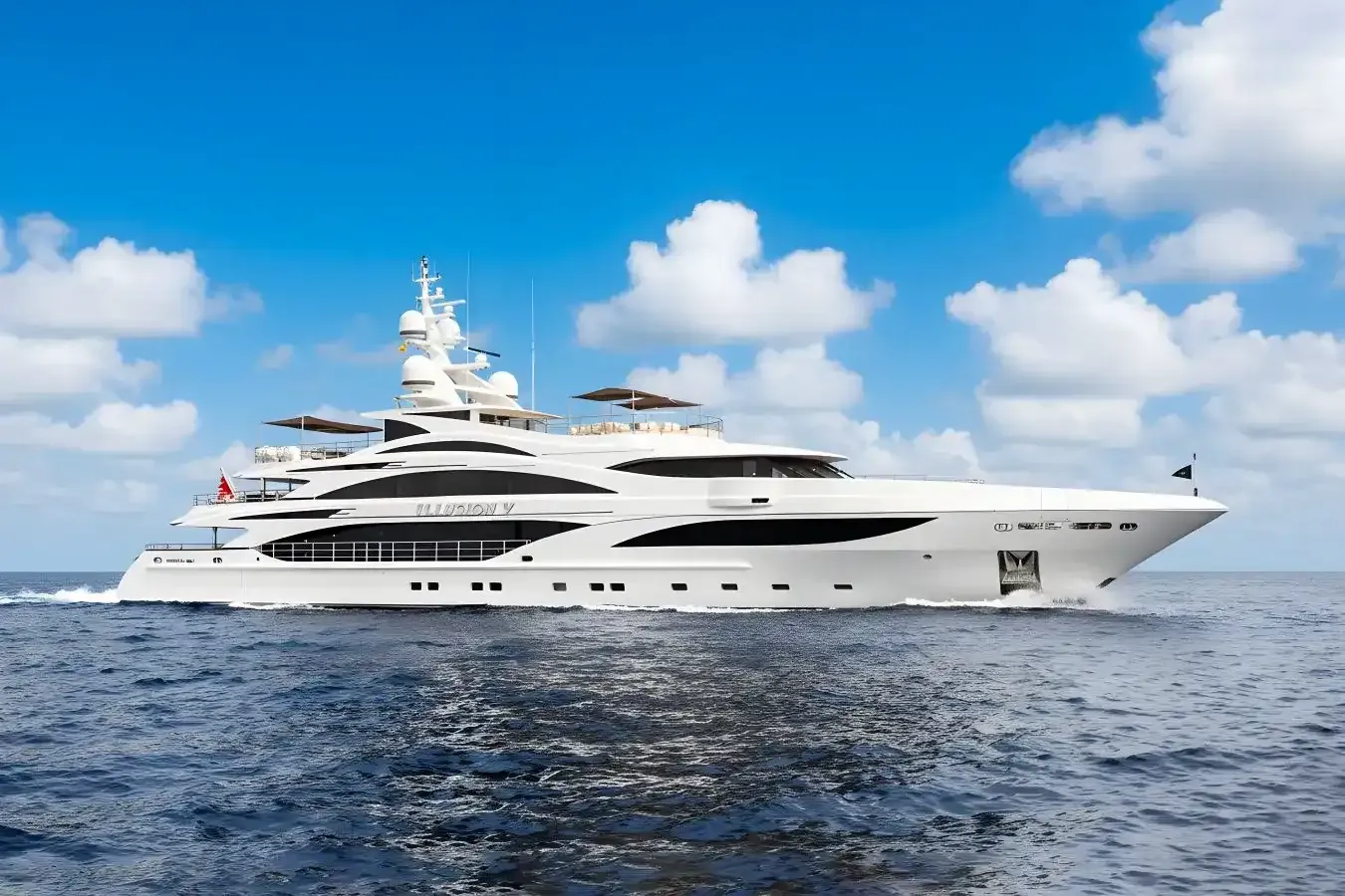 Illusion V yacht, a 190 ft Benetti Yachts luxury superyacht underway, 58 meters, built in 2014, 2024.