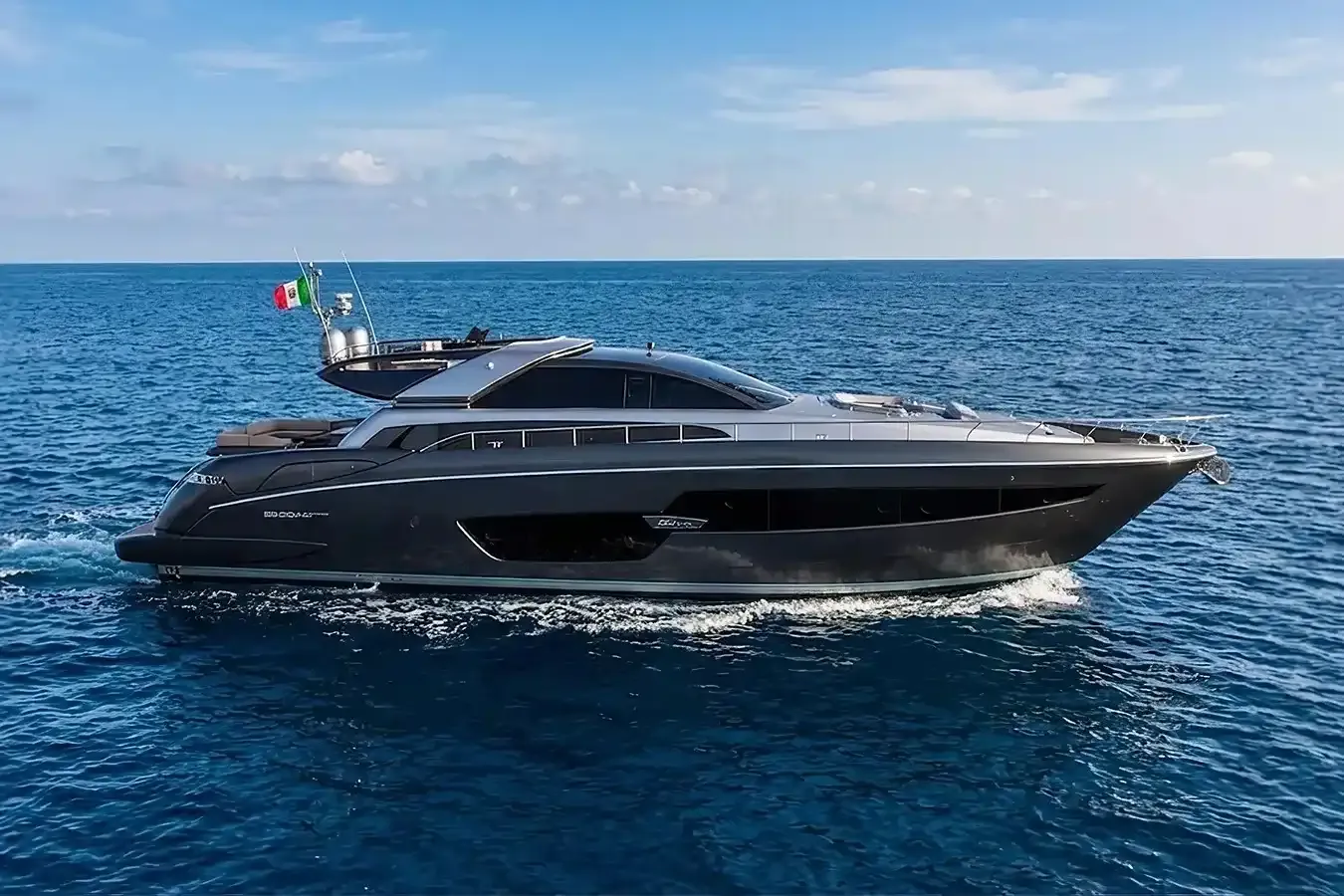 Indiscretion yacht, a 88 ft Riva luxury superyacht underway, 26.82 meters, built in 2016.