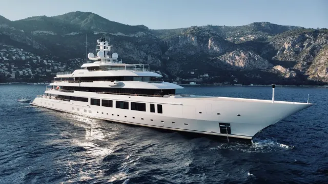 Infinity yacht, a 383 ft Oceanco luxury superyacht underway, 117 meters, built in 2022.