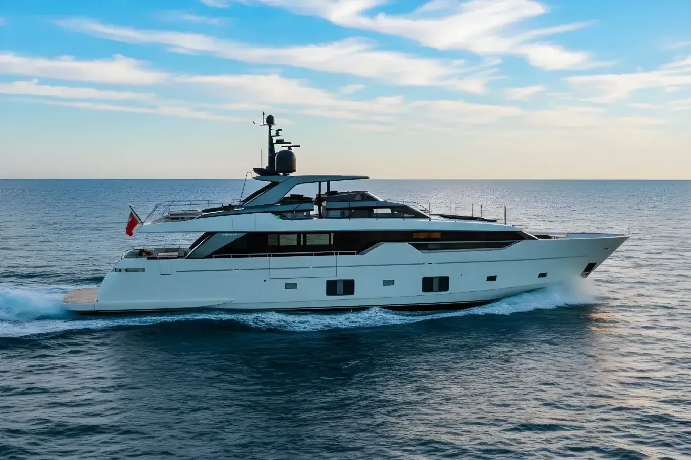 Journey yacht, a 102 ft Sanlorenzo luxury superyacht underway, 31.1 meters, built in 2019.