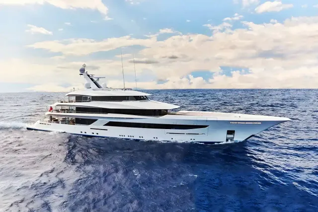 Joy yacht, a 229 ft Feadship luxury superyacht underway, 70 meters, built in 2016.
