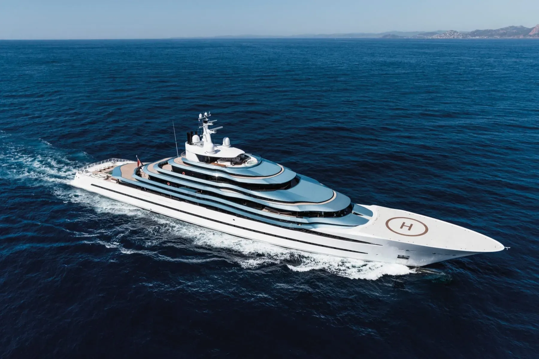 Kaos yacht, a 361 ft Oceanco luxury superyacht underway, 110.1 meters, built in 2017, 2020.