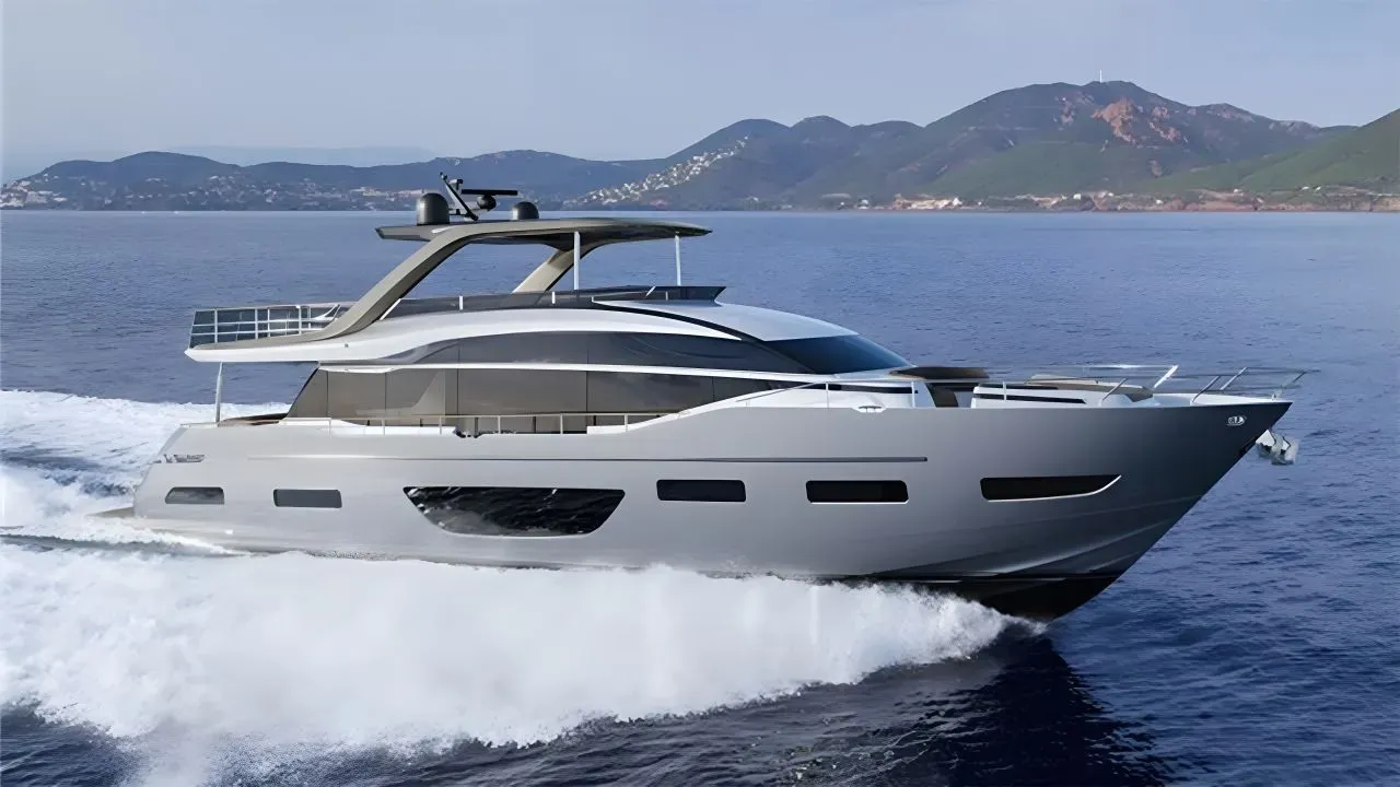 Kaos yacht, a 85 ft Princess luxury superyacht underway, 26.2 meters, built in 2019.