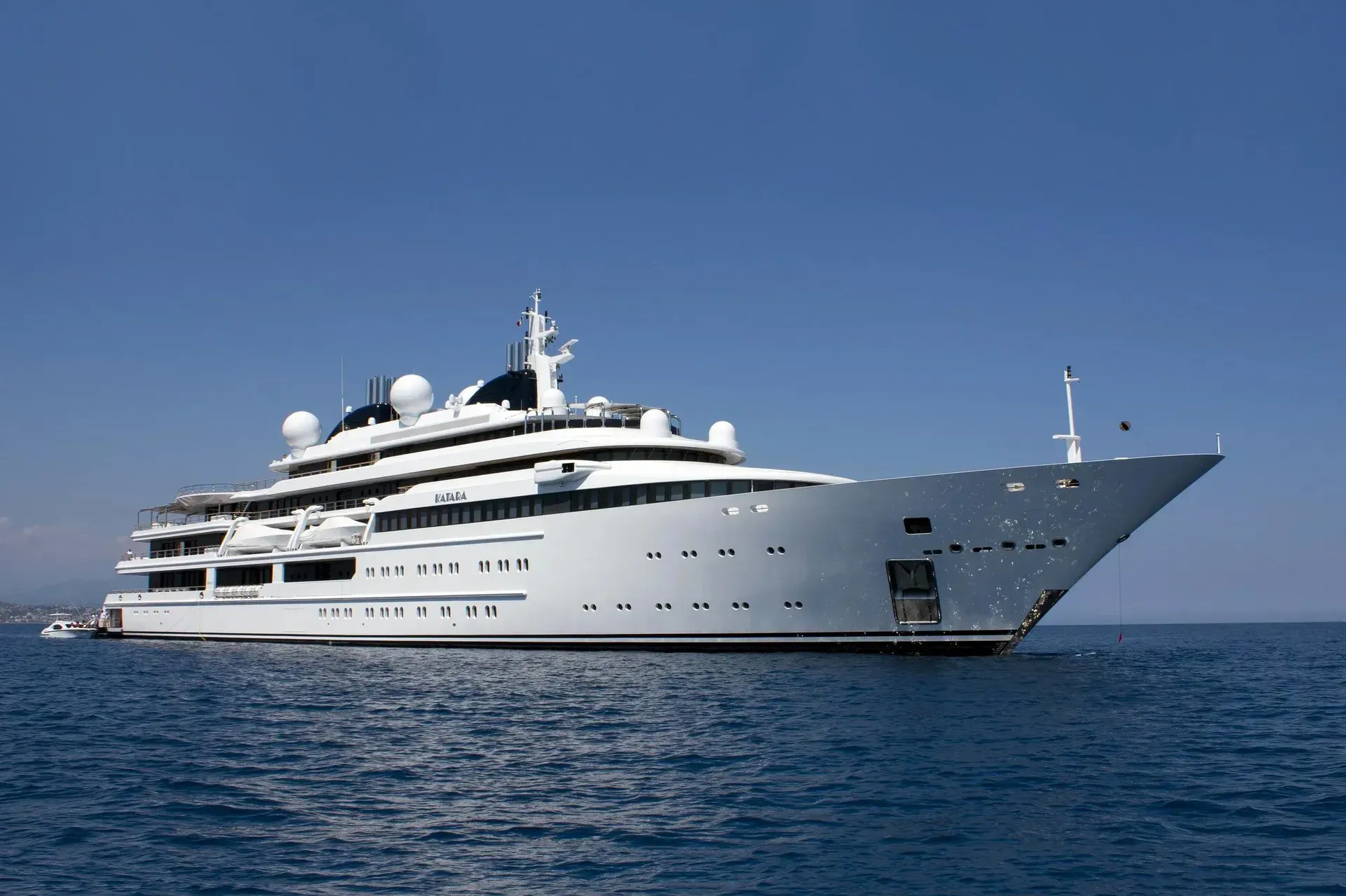 Katara yacht, a 408 ft Lürssen luxury superyacht underway, 124.4 meters, built in 2010, 2022.