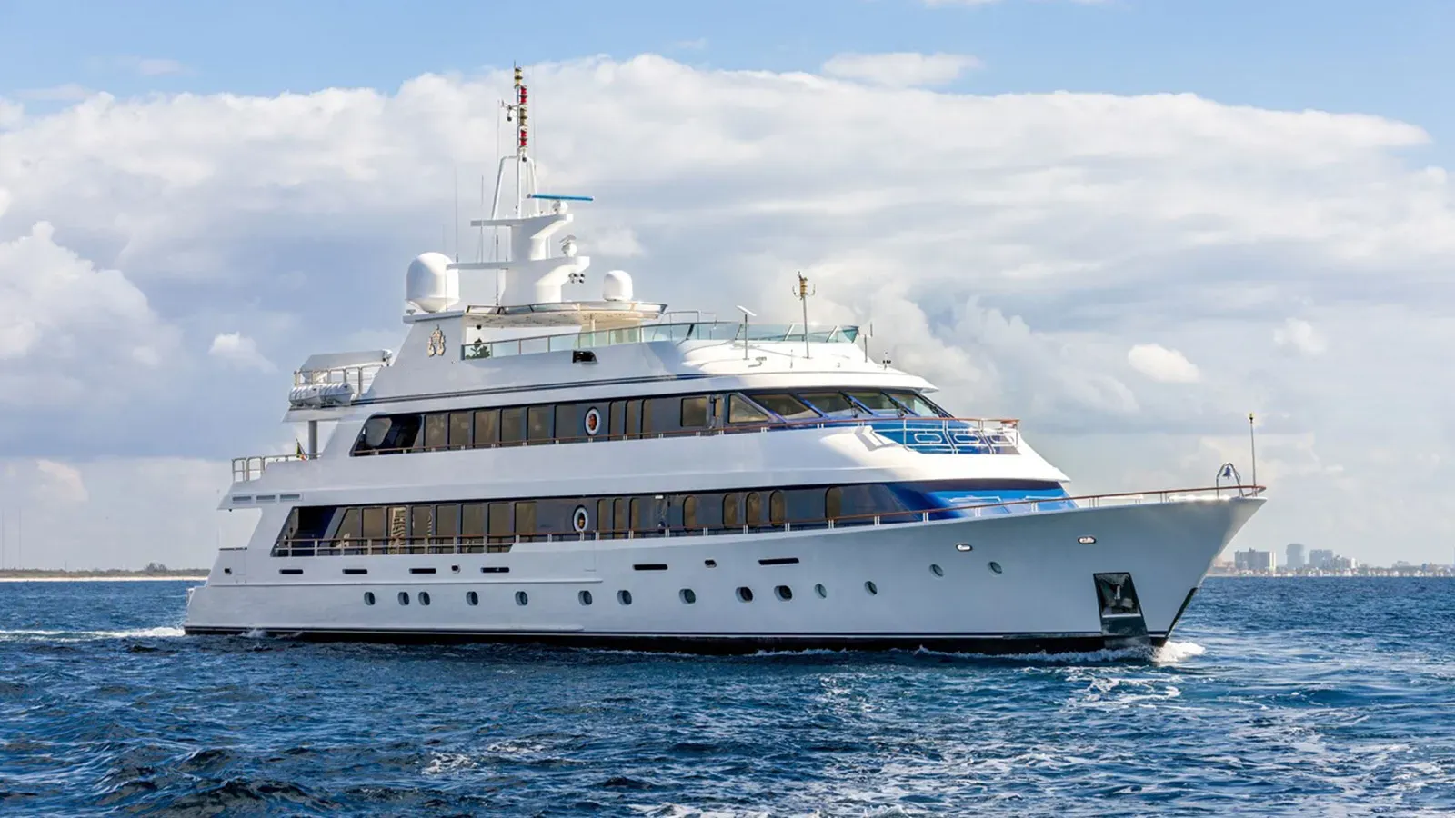 Kefi yacht, a 150 ft Christensen luxury superyacht underway, 45.73 meters, built in 2005, 2026.