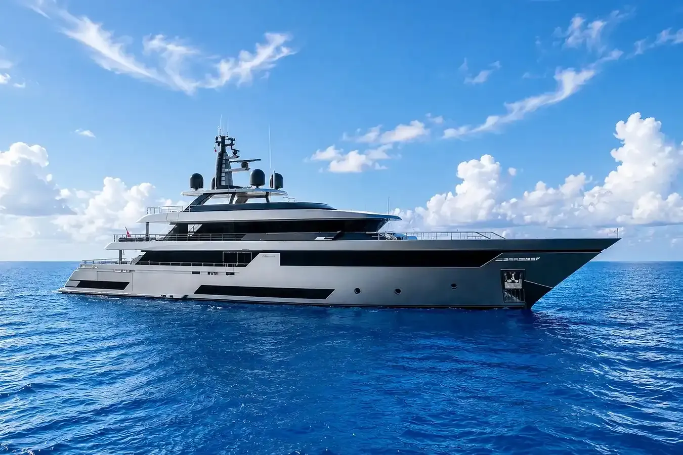 Kinship yacht, a 163 ft Riva luxury superyacht underway, 49.9 meters, built in 2019.