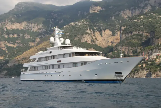 Kwikumat yacht, a 190 ft Abeking - A&R luxury superyacht underway, 57.9 meters, built in 2003.