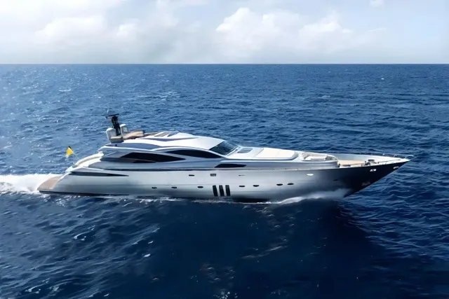 La Cima III yacht, a 116 ft Pershing luxury superyacht underway, 35.37 meters, built in 2010.
