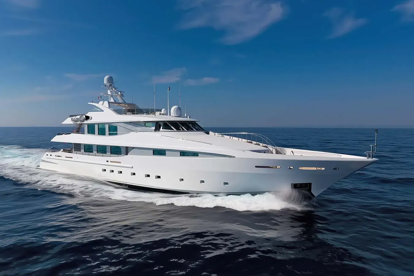 La Tania yacht, a 160 ft CMN luxury superyacht underway, 49 meters, built in 2001, 2023.
