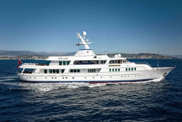 Lady Beatrice yacht, a 196 ft Feadship luxury superyacht underway, 60 meters, built in 1993, 2023.
