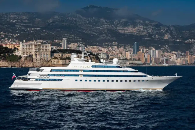 Lady Moura yacht, a 344 ft Blohm & Voss luxury superyacht underway, 104.85 meters, built in 1990, 2020.