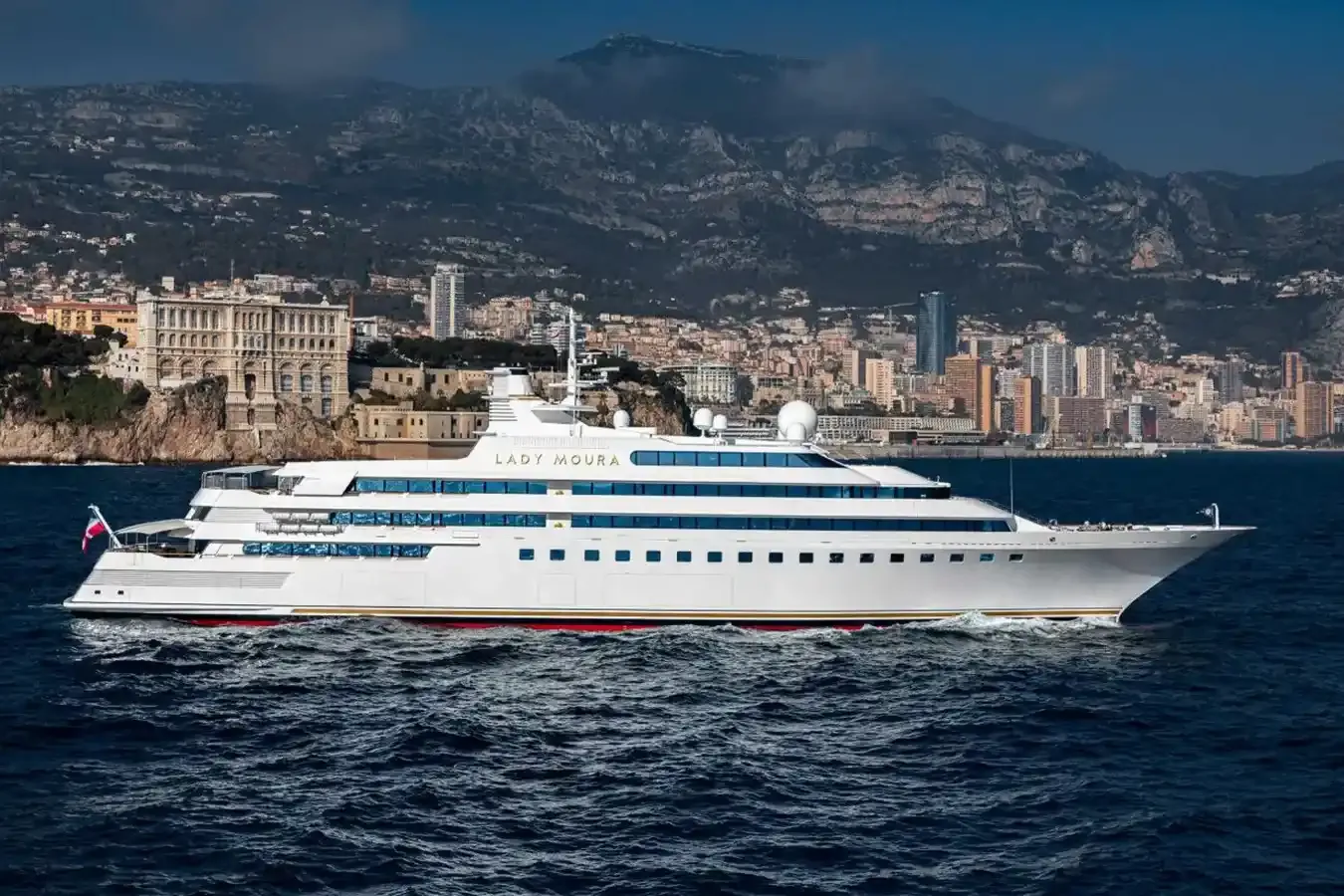 Lady Moura yacht, a 344 ft Blohm & Voss luxury superyacht underway, 104.85 meters, built in 1990, 2020.