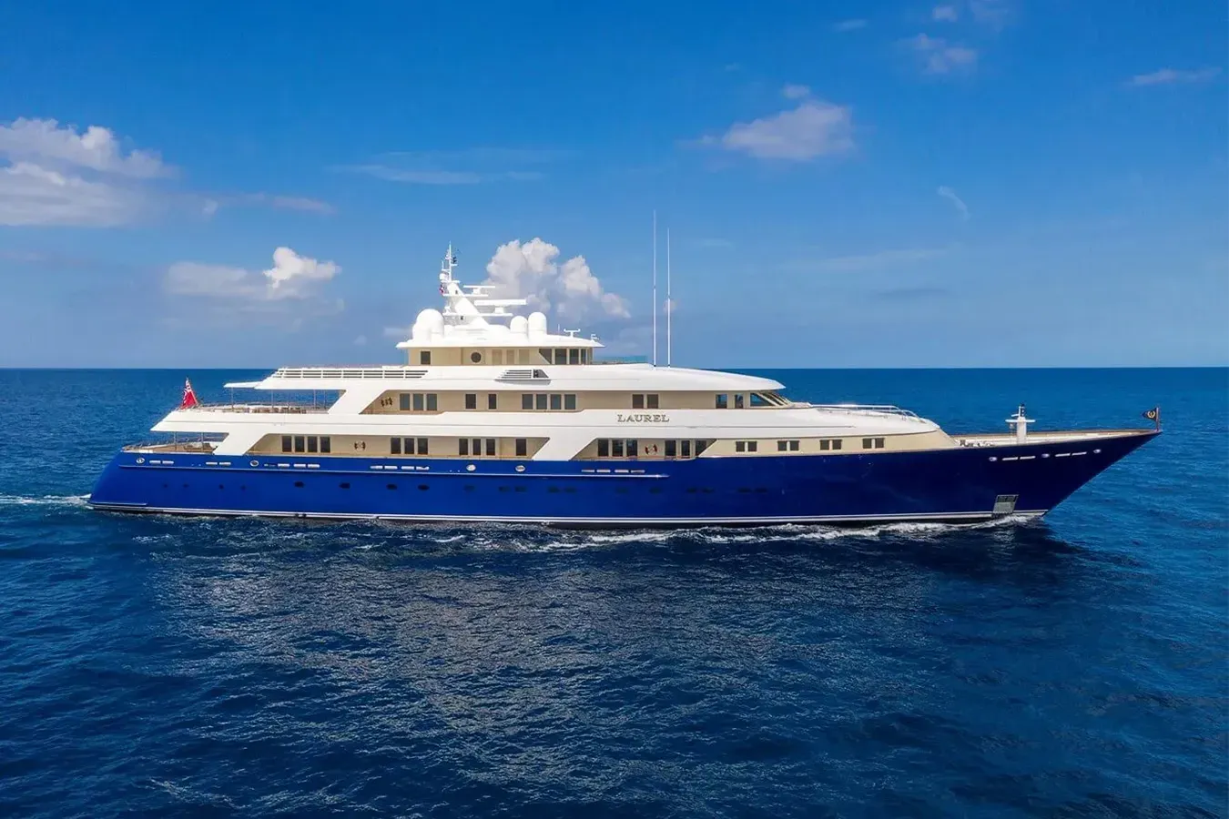 Laurel yacht, a 240 ft Delta Marine luxury superyacht underway, 73.2 meters, built in 2006, 2015.
