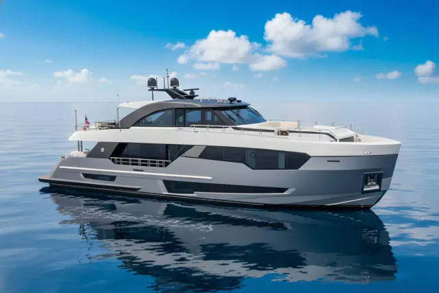 Magio yacht, a 90 ft Ocean Alexander luxury superyacht underway, 27.48 meters, built in 2019.