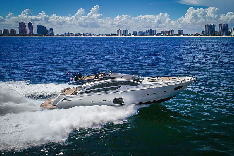 Milagro's yacht, a 81 ft Pershing luxury superyacht underway, 24.98 meters, built in 2013.