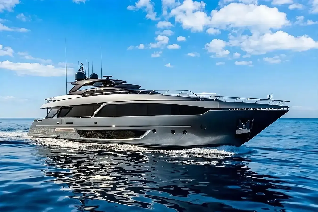 Mira Two yacht, a 110 ft Riva luxury superyacht underway, 33.53 meters, built in 2021.
